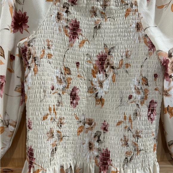 Everly Cream Off the Shoulder Floral Smocked Cropped Balloon Sleeve Fall Blouse - Picture 5 of 10
